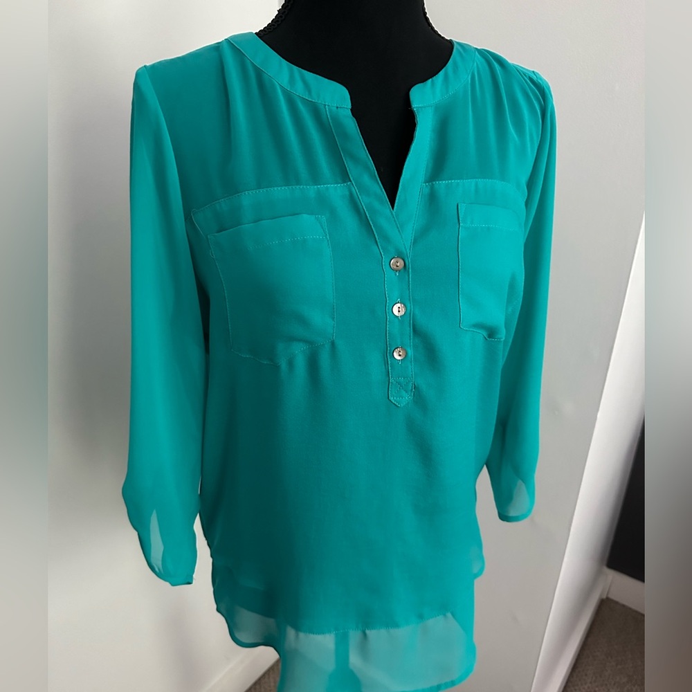 Express Teal Sheer Panel Detail 3/4 Sleeve Top Size S